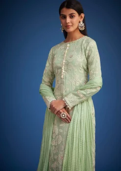 Pista Green Organza Embroidered Straight Kurta Set