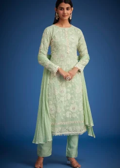 Pista Green Organza Embroidered Straight Kurta Set