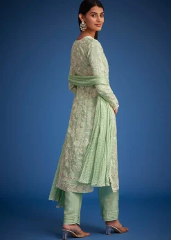Pista Green Organza Embroidered Straight Kurta Set