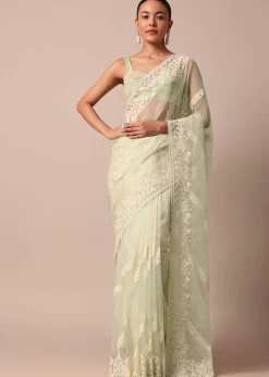 Pista Green Organza Silk Chikankari Saree With Bead Work And Unstitched Blouse Fabric
