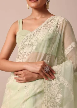 Pista Green Organza Silk Chikankari Saree With Bead Work And Unstitched Blouse Fabric