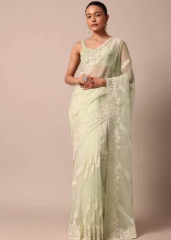 Pista Green Organza Silk Chikankari Saree With Bead Work And Unstitched Blouse Fabric