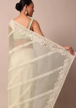 Pista Green Organza Silk Chikankari Saree With Bead Work And Unstitched Blouse Fabric