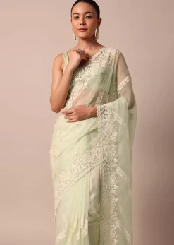 Pista Green Organza Silk Chikankari Saree With Bead Work And Unstitched Blouse Fabric