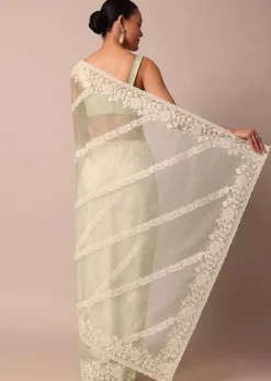 Pista Green Organza Silk Chikankari Saree With Bead Work And Unstitched Blouse Fabric