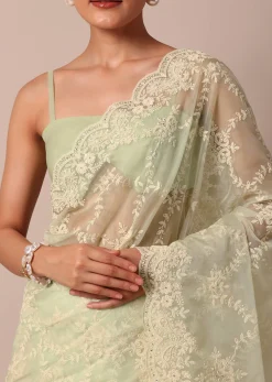 Pista Green Organza Silk Chikankari Saree With Floral Thread Jaal Work And Unstitched Blouse Fabric