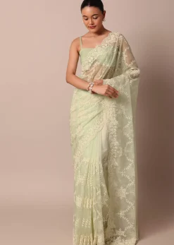 Pista Green Organza Silk Chikankari Saree With Floral Thread Jaal Work And Unstitched Blouse Fabric