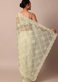 Pista Green Organza Silk Chikankari Saree With Floral Thread Jaal Work And Unstitched Blouse Fabric
