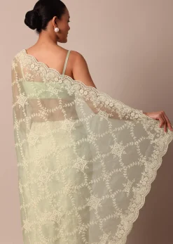 Pista Green Organza Silk Chikankari Saree With Floral Thread Jaal Work And Unstitched Blouse Fabric