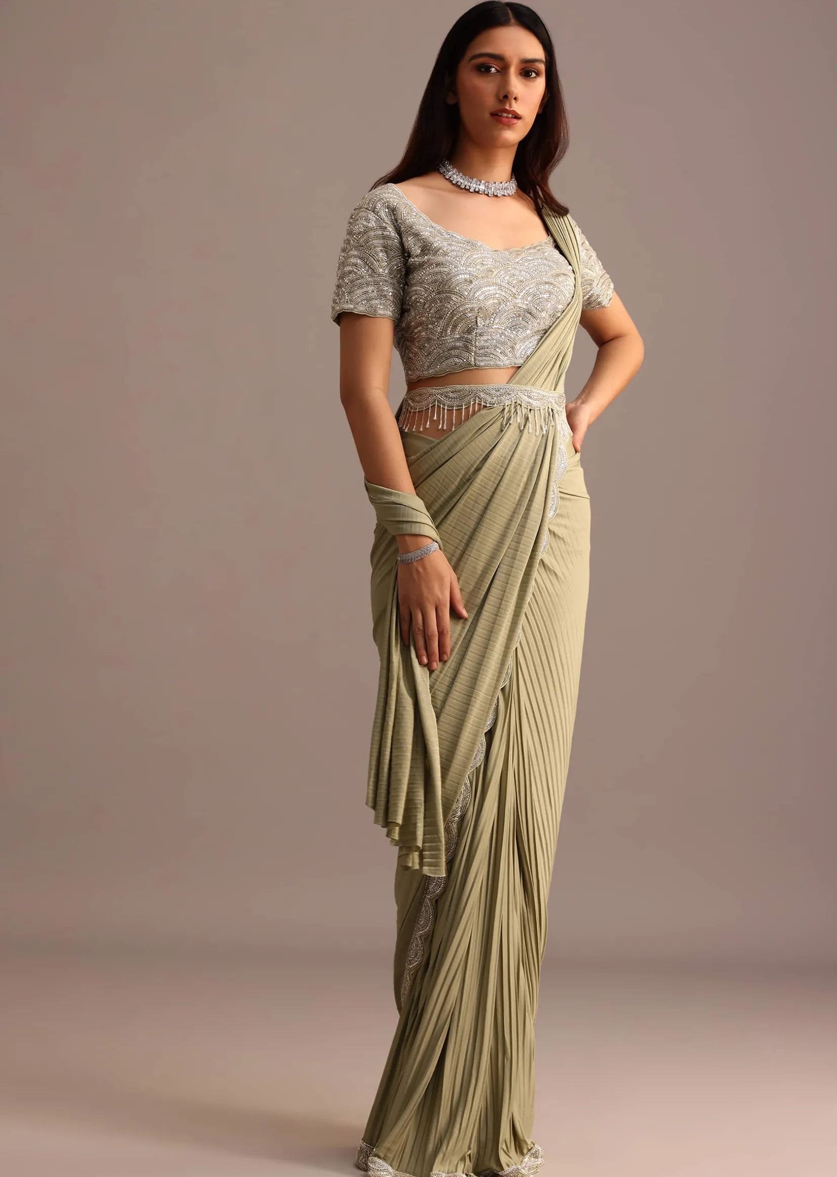 Pista Green Pre Draped Saree With Embroidered Blouse And Belt