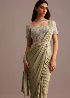Pista Green Pre Draped Saree With Embroidered Blouse And Belt