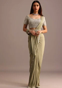 Pista Green Pre Draped Saree With Embroidered Blouse And Belt