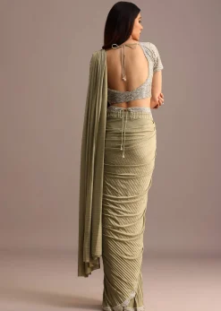Pista Green Pre Draped Saree With Embroidered Blouse And Belt