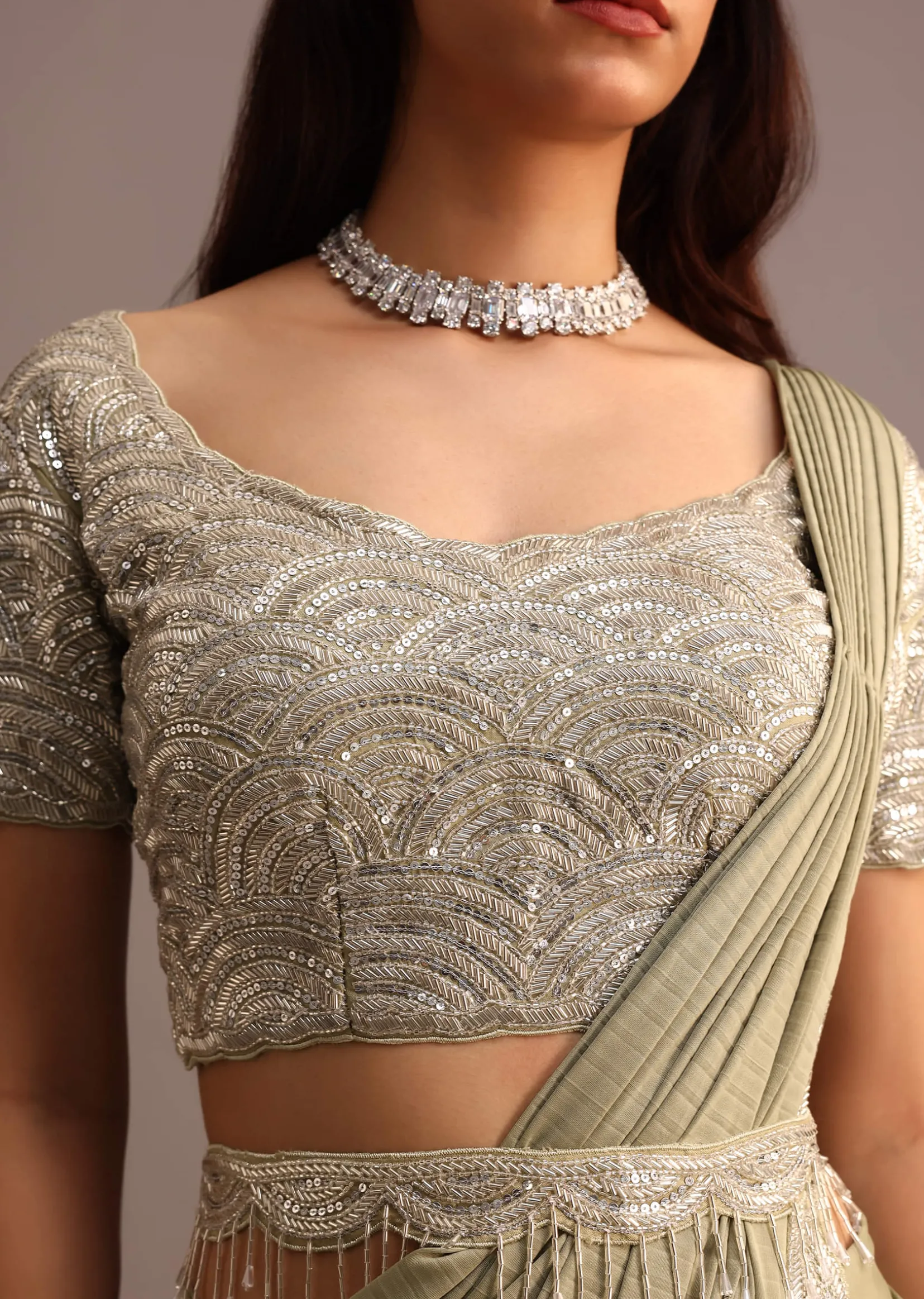Pista Green Pre Draped Saree With Embroidered Blouse And Belt