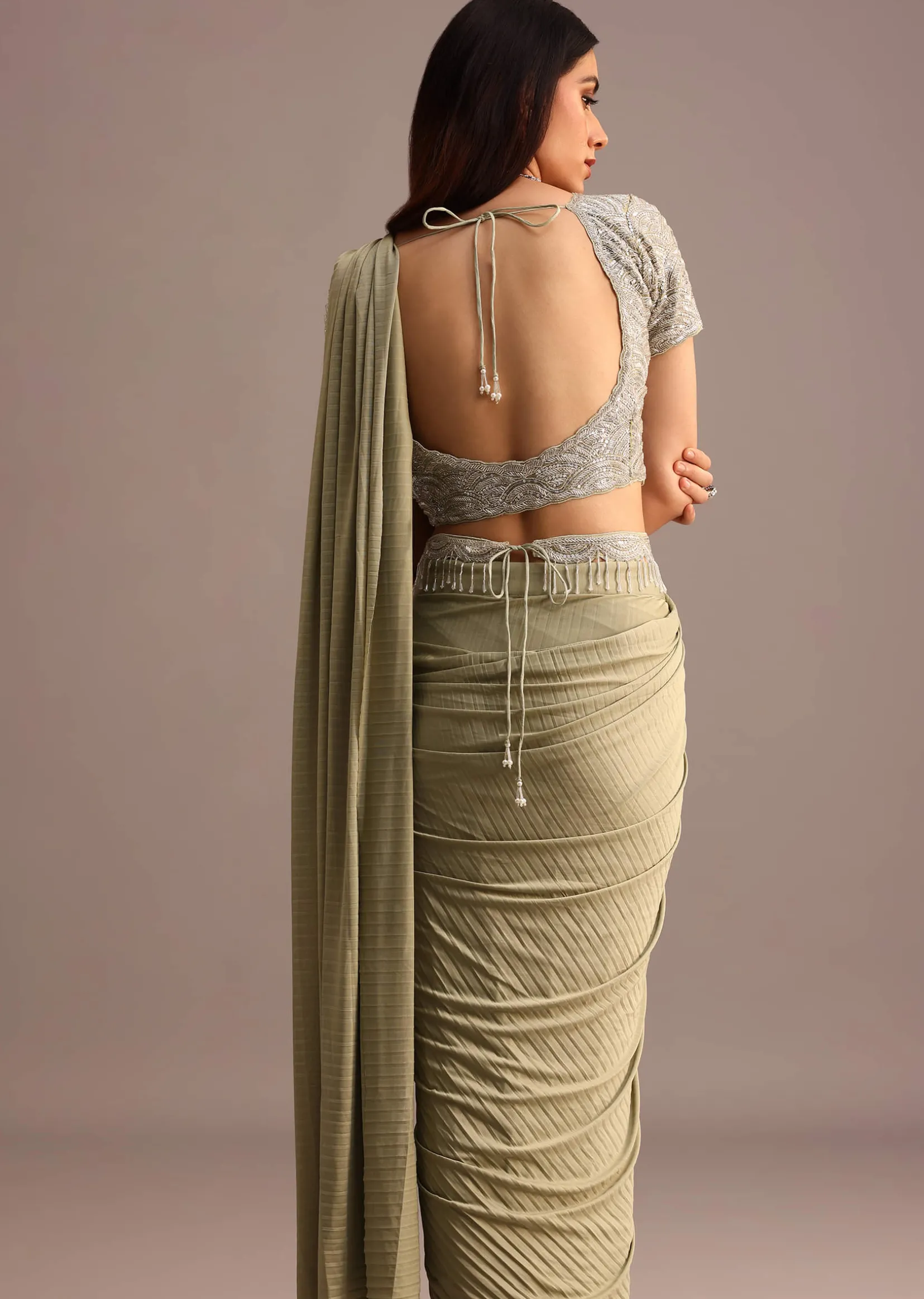 Pista Green Pre Draped Saree With Embroidered Blouse And Belt