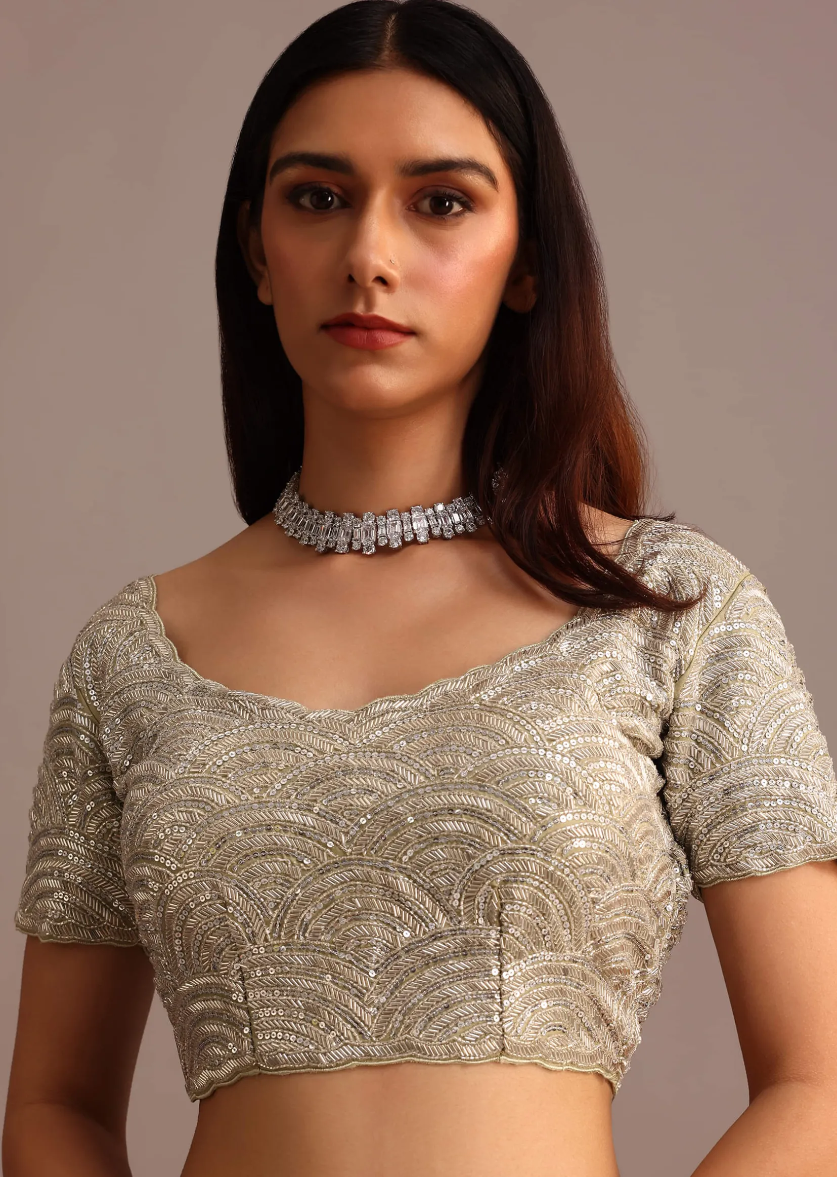 Pista Green Pre Draped Saree With Embroidered Blouse And Belt