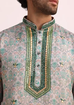 Pista Green Printed Kurta Set With Mirror Work
