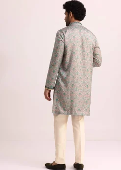 Pista Green Printed Kurta Set With Mirror Work