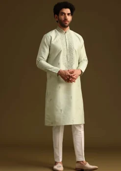 Pista Green Resham Work Kurta and Pant