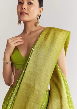 Pista Green Saree With Lehariya Print And Floral Gotapatti And Moti Work.