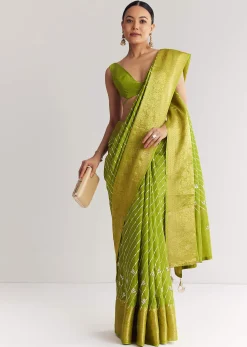 Pista Green Saree With Lehariya Print And Floral Gotapatti And Moti Work.