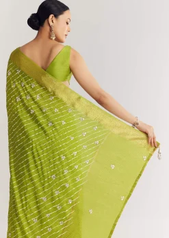 Pista Green Saree With Lehariya Print And Floral Gotapatti And Moti Work.