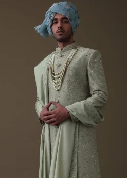 Pista Green Sherwani Set In Raw Silk With Cut Dana And Thread Embroidery