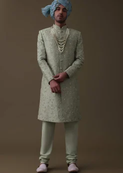 Pista Green Sherwani Set In Raw Silk With Cut Dana And Thread Embroidery