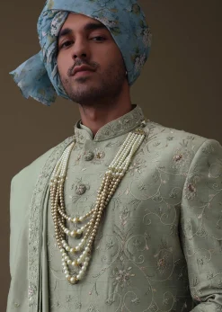 Pista Green Sherwani Set In Raw Silk With Cut Dana And Thread Embroidery