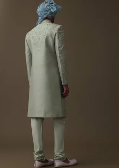 Pista Green Sherwani Set In Raw Silk With Cut Dana And Thread Embroidery
