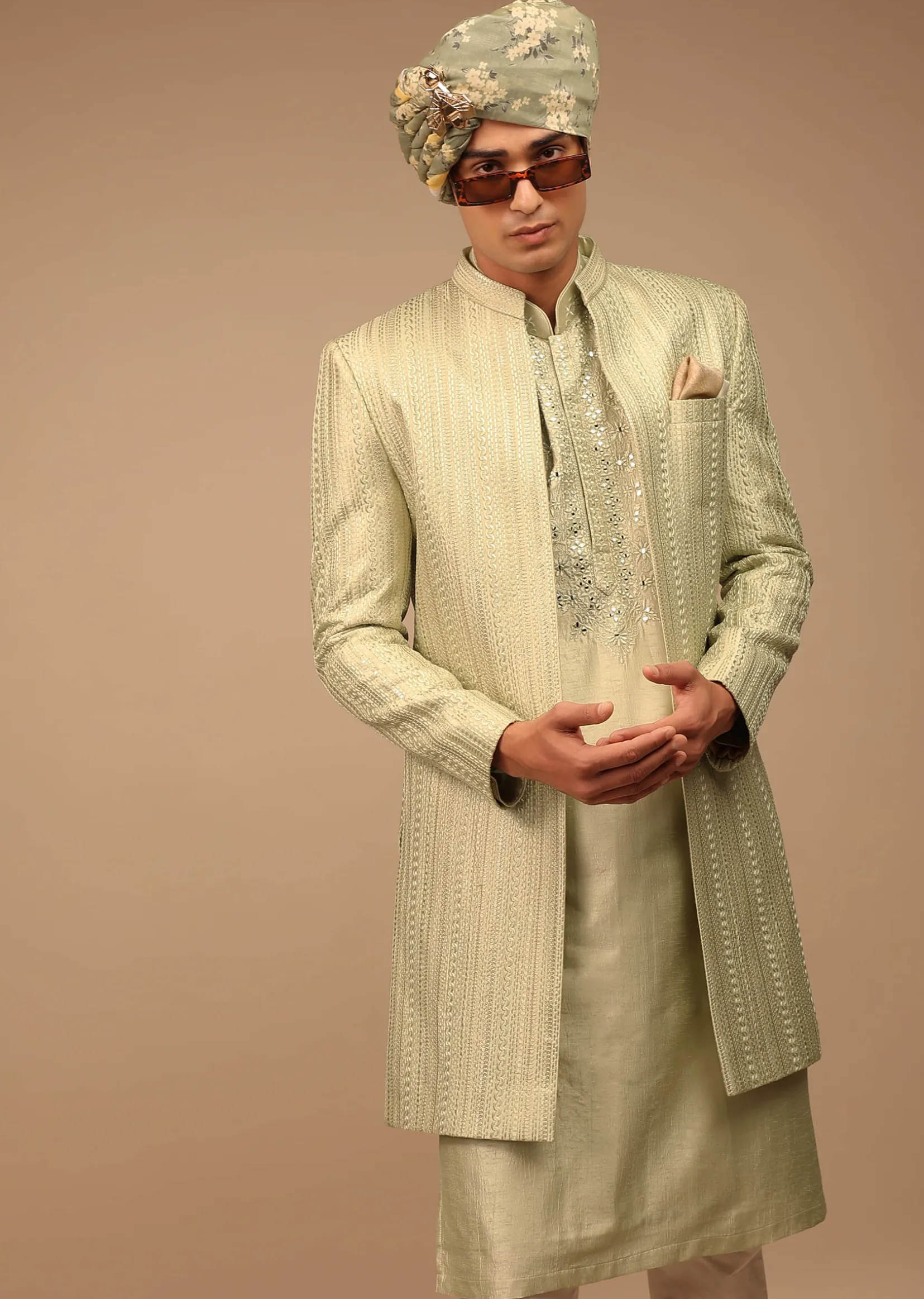 Pista Green Sherwani With Intricate Resham And Mirror Work