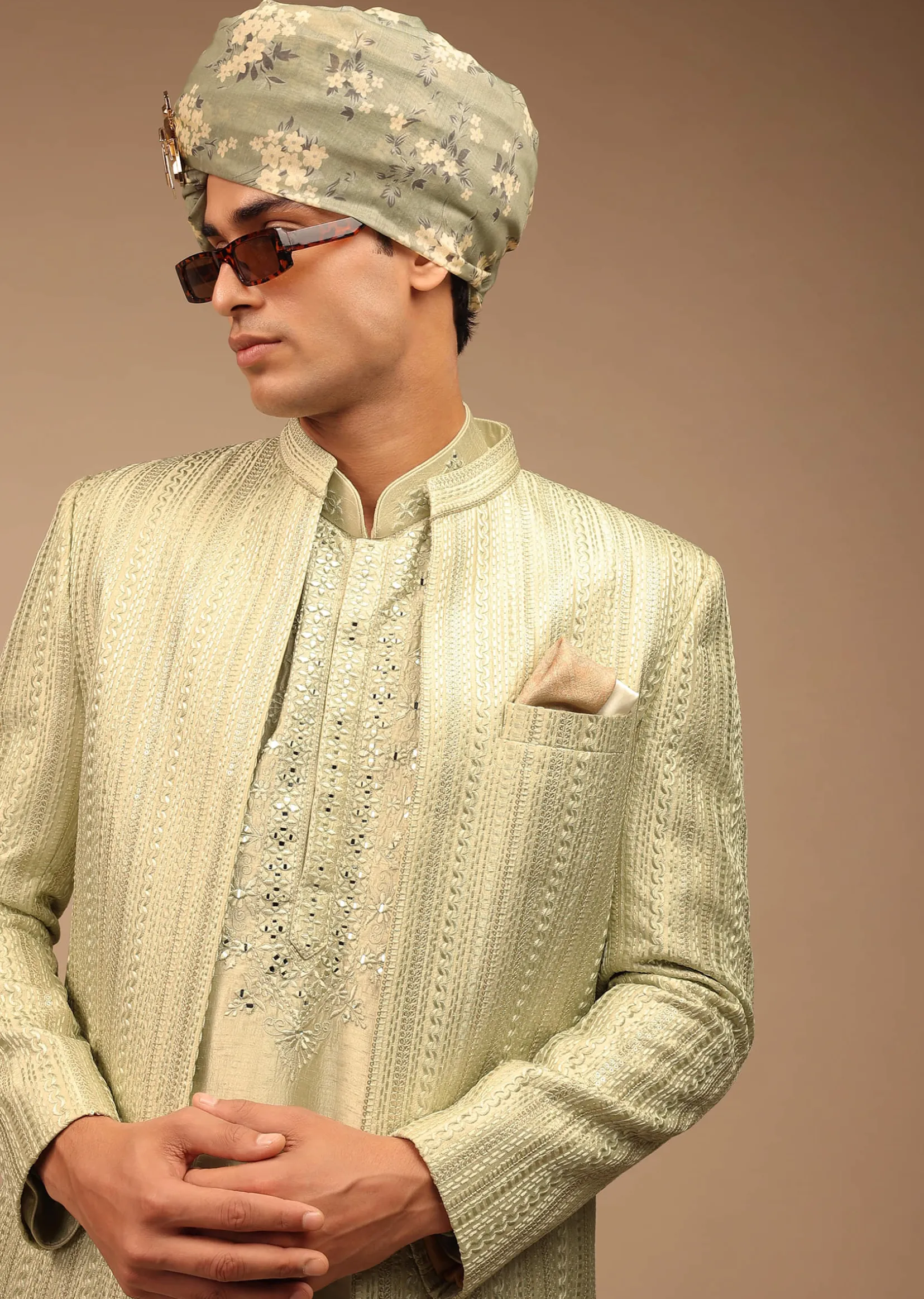 Pista Green Sherwani With Intricate Resham And Mirror Work
