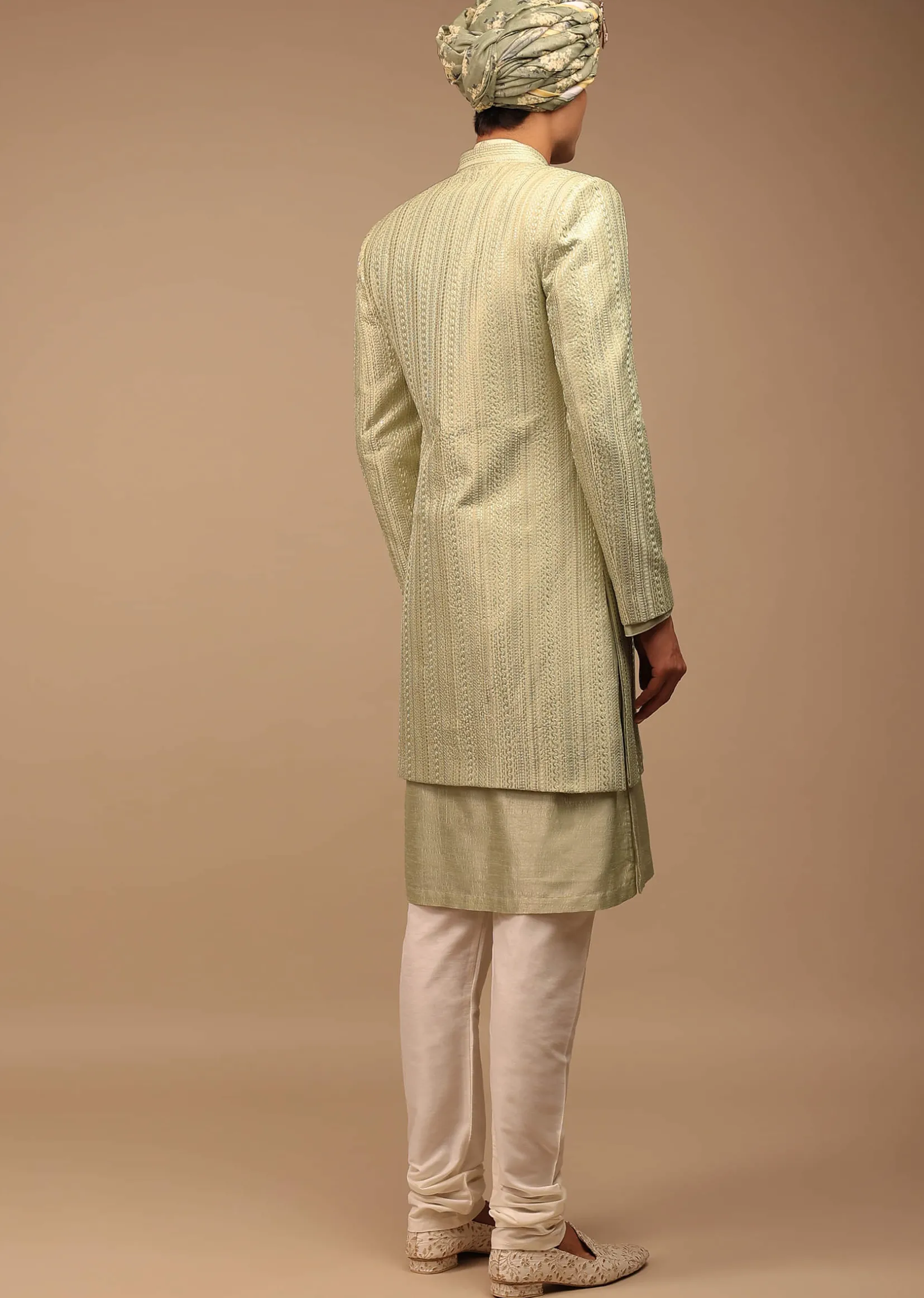 Pista Green Sherwani With Intricate Resham And Mirror Work