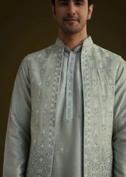 Pista Green Silk Jacket Set With Resham And Mirror Work