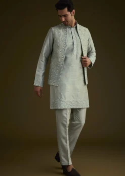 Pista Green Silk Jacket Set With Resham And Mirror Work