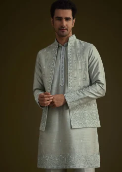 Pista Green Silk Jacket Set With Resham And Mirror Work