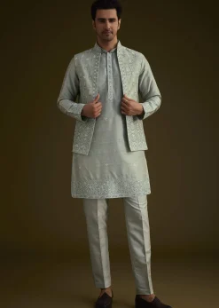 Pista Green Silk Jacket Set With Resham And Mirror Work