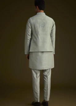 Pista Green Silk Jacket Set With Resham And Mirror Work