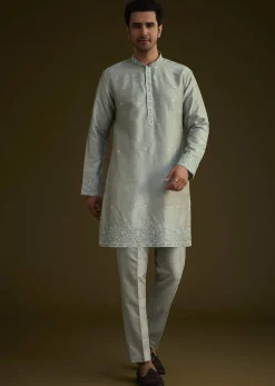 Pista Green Silk Jacket Set With Resham And Mirror Work