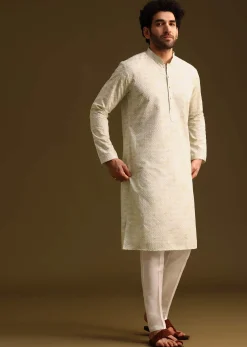 Pista Green Silk Kurta And Pant In Schiffli Work