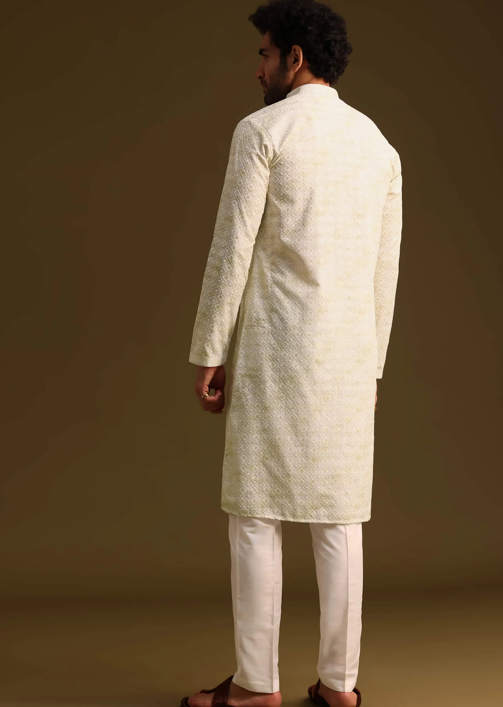 Pista Green Silk Kurta And Pant In Schiffli Work