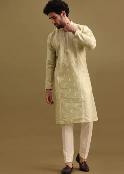 Pista Green Silk Kurta Set With Resham Work For Men