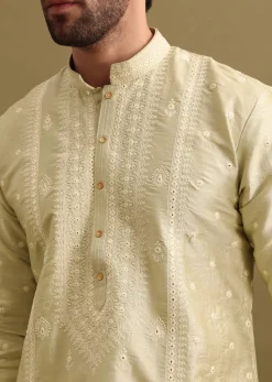 Pista Green Silk Kurta Set With Resham Work For Men
