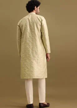 Pista Green Silk Kurta Set With Resham Work For Men