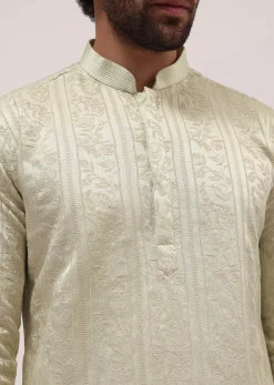 Pista Green Silk Kurta Set In Resham Work With Dupatta For Men
