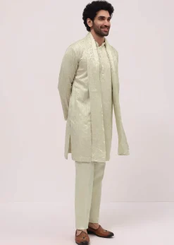 Pista Green Silk Kurta Set In Resham Work With Dupatta For Men