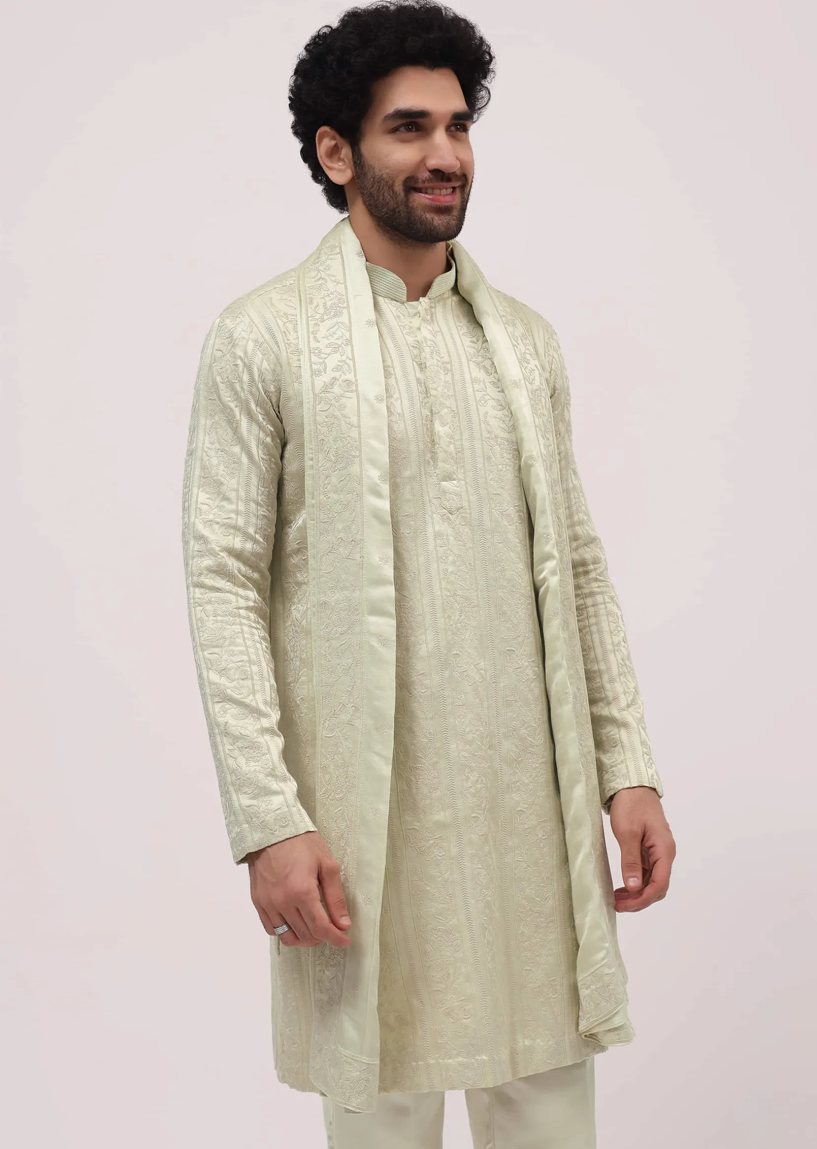 Pista Green Silk Kurta Set In Resham Work With Dupatta For Men