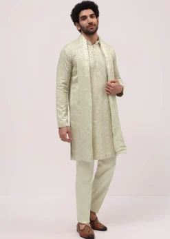 Pista Green Silk Kurta Set In Resham Work With Dupatta For Men