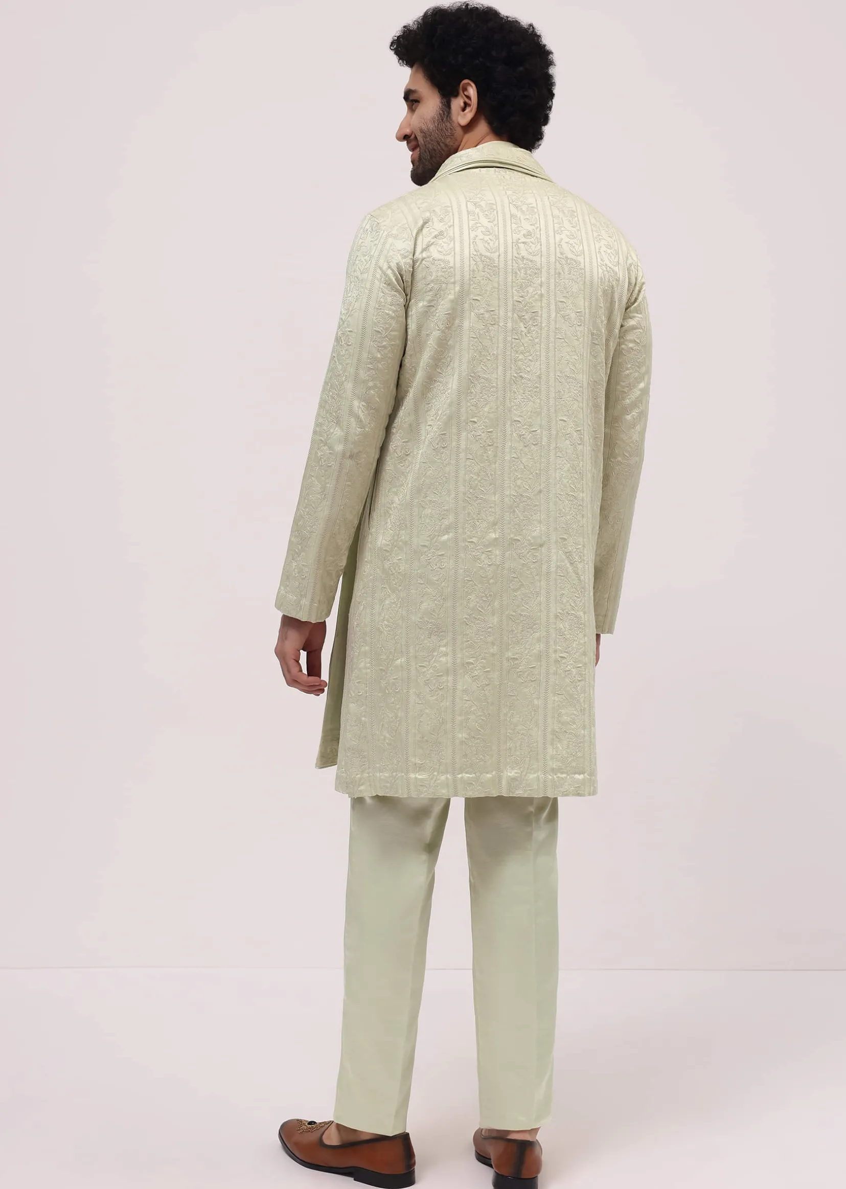 Pista Green Silk Kurta Set In Resham Work With Dupatta For Men