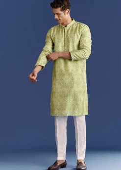Pista Green Silk Kurta Set With Printed Symmetry